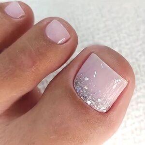 Purple White Pink Square Shaped Press On Toe Nail Kit